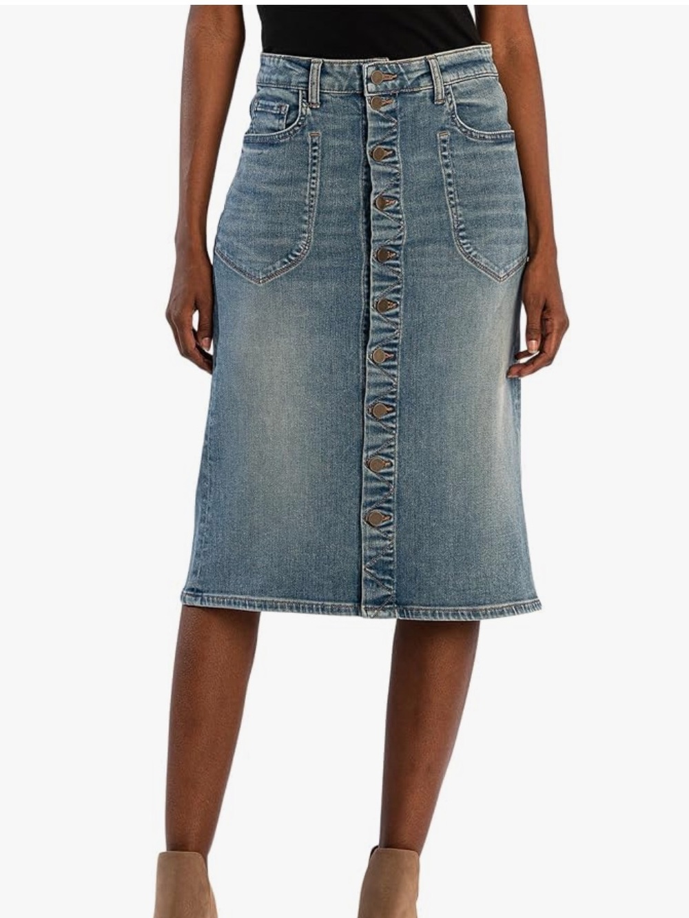Kut from the Kloth Rose blue jean skirt button front porkchop pocket medium wash